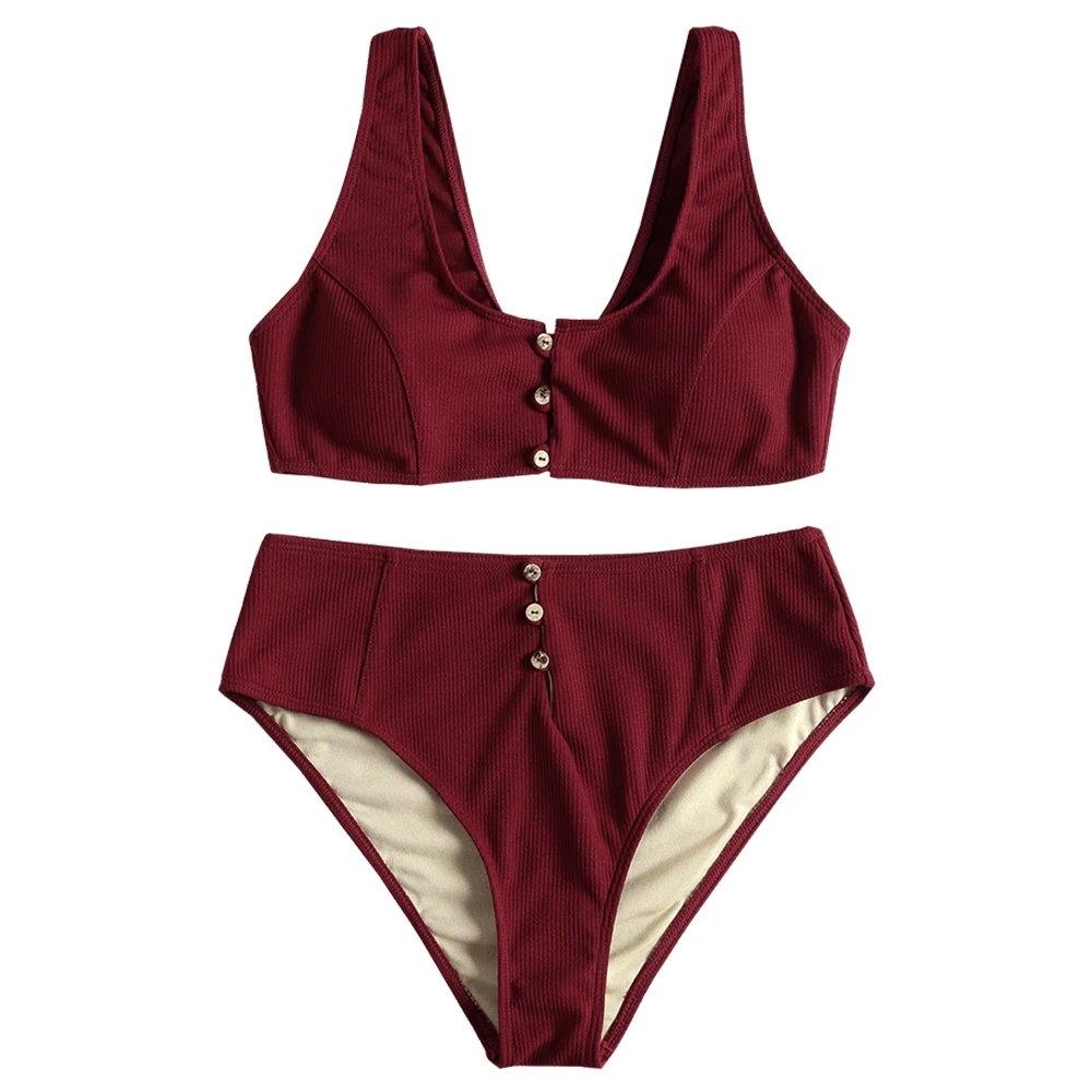 

2018 Women Ribbed Texture Buttons High Rise Bathing Suit Wire Free Spaghetti Straps Set Lady Swimsuit Beach Bath Swimwear
