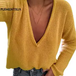 Puimentiua женский сексуальный глубокий v-образный вырез вязаный свитер джемпер 2018 осень зима однотонный длинный рукав пуловер свитер тянуть
