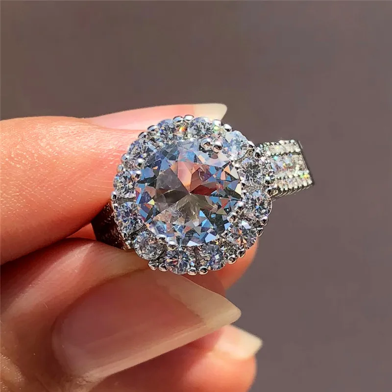 Luxury Female Big Zircon Stone Ring Crystal 925 Silver Finger Ring