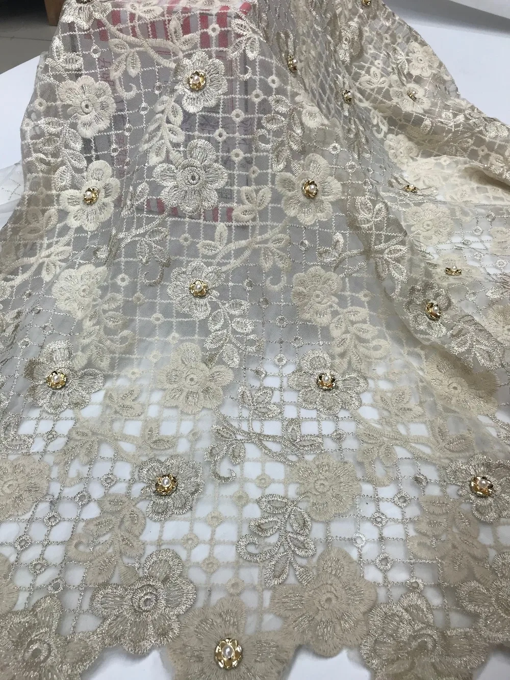 

beaded lace fabric african lace fabric with beads gold hollow out bridal dress fabric 2018 latest 5yard HL166