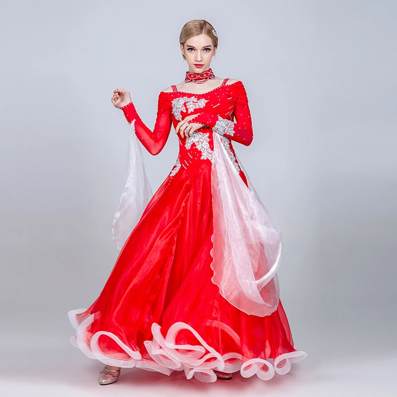 Бальные танцы Конкурс платье женщины стандартный бальный зал платье для девочек бальное платье, для вальса платье бахрома качели платье foxtrot - Цвет: red
