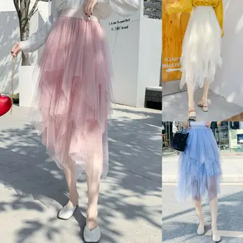 

New Fashion Women Irregular Tulle Elastic High Waist Skirt Ladies Sweet Summer Solid Color Mesh Midi Skirt