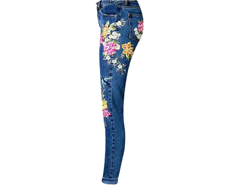 3D птица Цветы Вышивка Высокая талия прямые джинсы брюки женские винтажные высокого качества повседневные длинные штаны Одежда