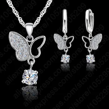 

New Fashion Jewelry 925 Sterling Silver Statement Butterfly Crystal Necklace Pendand Jewelry Set Free Shipping