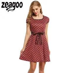 Zeagoo Винтаж StyleDress Для женщин Кепки рукавом Цветочный принт плиссированные мини-платье летние милые квадратный воротник высокой