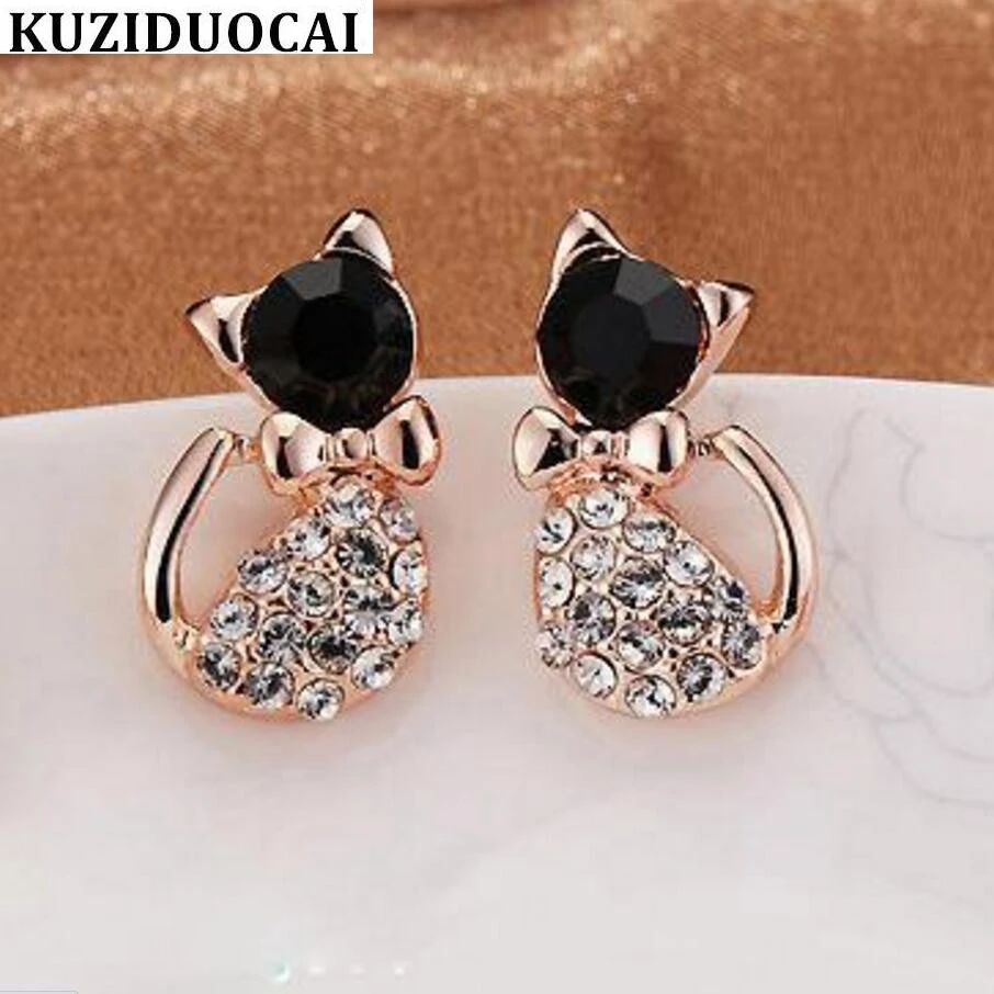 

Kuziduocai New Fashion Jewelry Rhinestone Cat Cute Sweet Dazzling Bow Stud Earrings For Women Quaint Gift Girls Brincos E-176