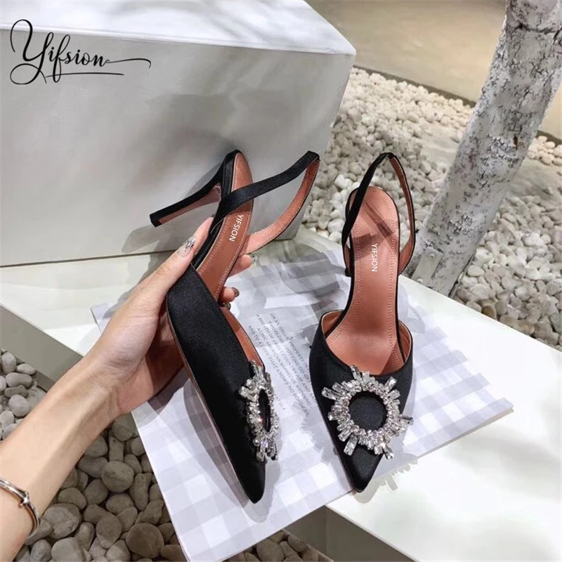 OLOME модные черные женские летние босоножки пикантные острый носок слипоны с украшением в виде кристаллов на тонком высоком каблуке женские сандалии на каблуках обувь для вечеринок женская обувь