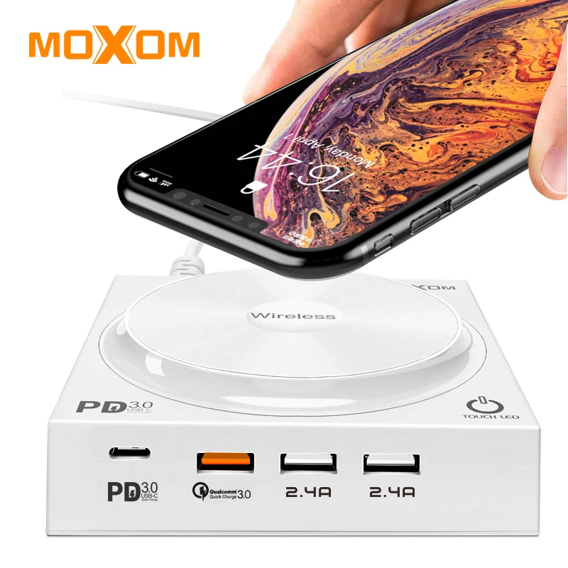 

40W Qi Wireless Charger Dock with LED 4 USB Ports Type C PD Quick Charge 3.0 Fast Charging for iPhone 8 Xs Max Samsung Huawei