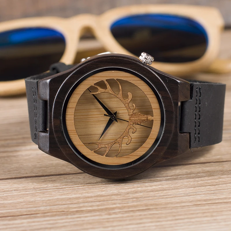 BOBO BIRD WB18 Deer Skeleton Black Wood Watches Leather Band Mens Top Brand Quartz Watches With Wooden Box relogio OEM