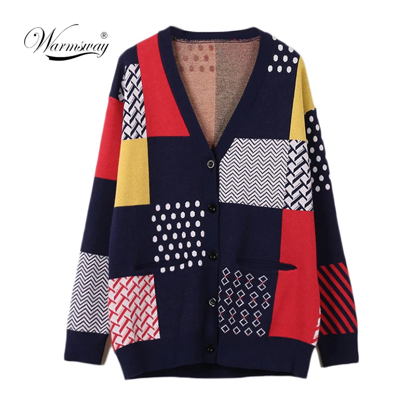 2019 Luxury Designer Brand Spring Knitted Patchwork Cardigans Women Casual Contrast Color Pocket Loose Sweater Autumn C-092