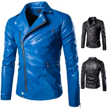 Высококачественные мужские тонкие синие кожаные куртки в стиле панк, кожаная куртка, осенняя новинка, Мужская косая молния, пальто из искусственной кожи, Размер 5XL