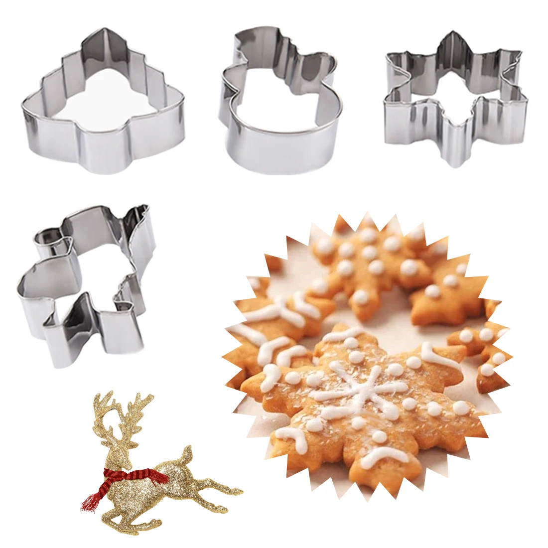 Non-stick holiday shapes cookie pan, 12-cavity 4pcs/set Stainless Steel Cookie Cake Cutter Christmas Tree Santa Claus