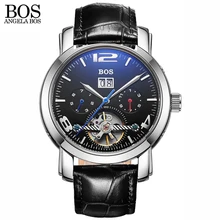 ANGELA BOS Blu-ray Saphir de mode noir de luxe montre automatique squelette hommes de montre en cuir Date En Acier Inoxydable Marque Pour Hommes