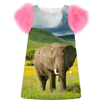 

Children Clothing Girls Dress fashion printing elephant Spring/Autumn faux fur sleeve girls dress Toddler Kids Dresses
