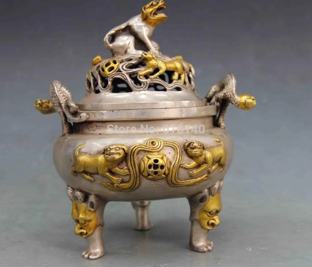 

Chinese Folk White Copper Silver Beast Fuu Dog Lion Kylin Censer incense burner