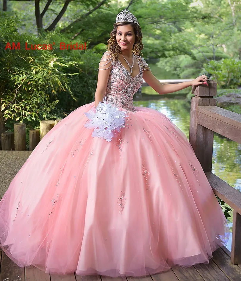 Long Ball Gown Quinceanera Dresses Beading Crystals Sweet 16 Years For