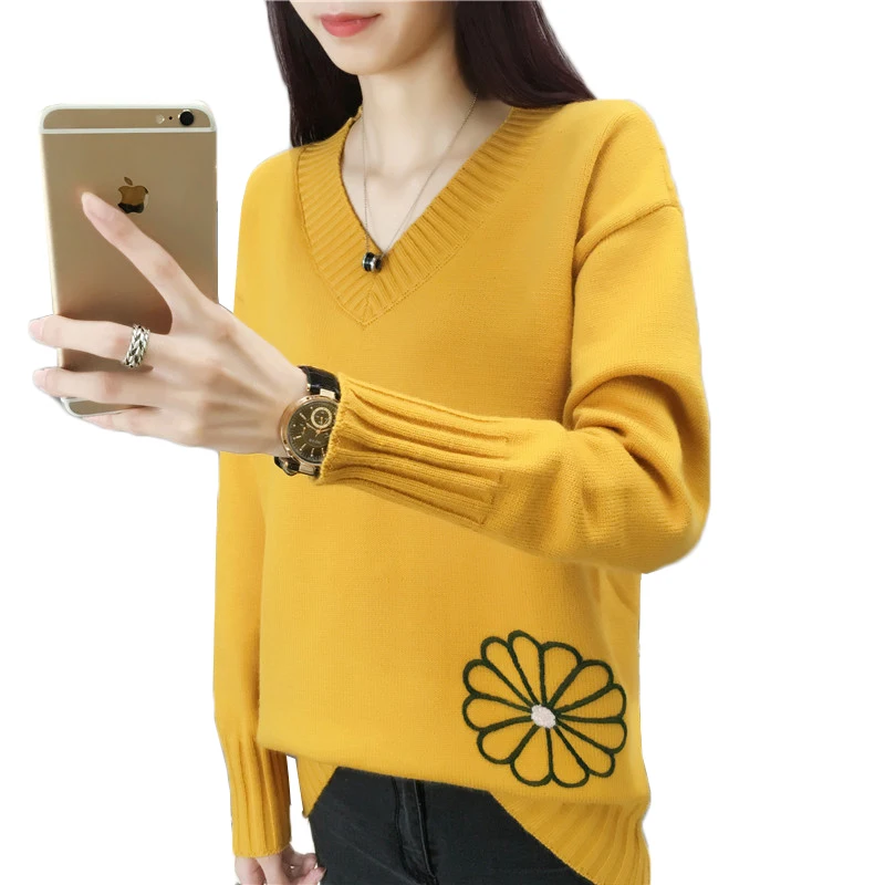 

Sweater Women New Fashion Embroidery V-neck Knitted Sweater Pullover Autumn Winter Tops for Women Clothes Bottoming Shirt Jumper
