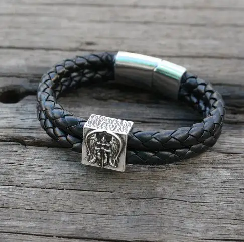 VA JENT Men's Skull Bracelet - Black Braided Leather Cuff With Stainless Steel - View #8
