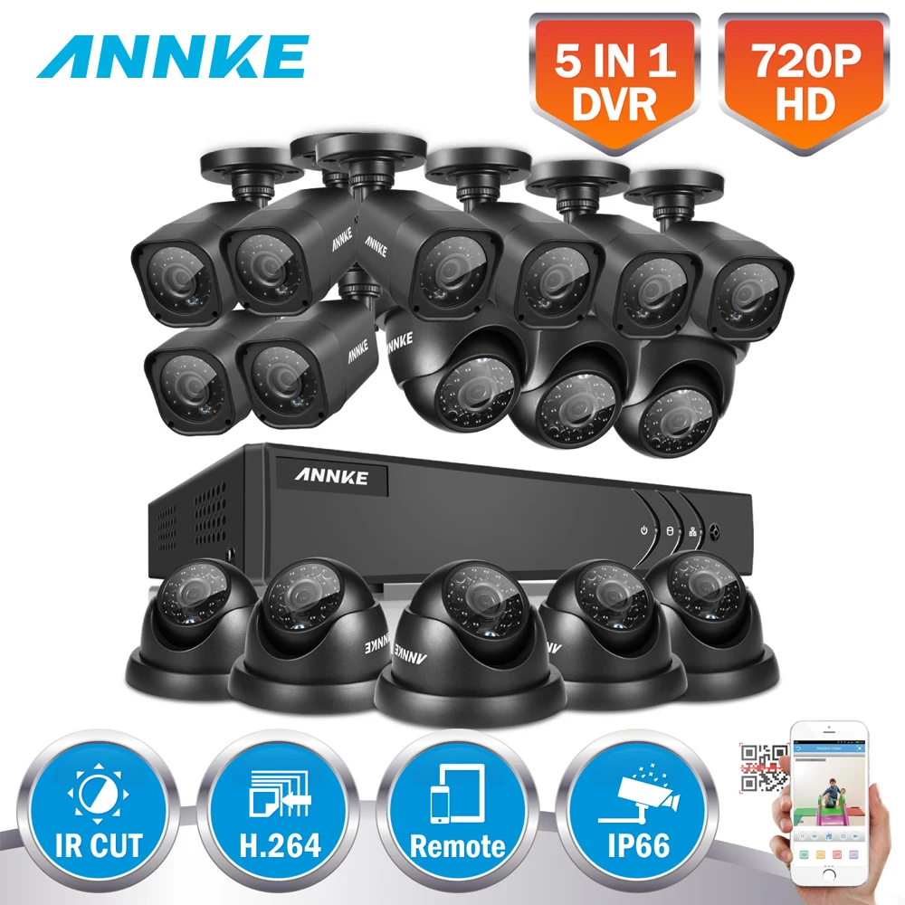 

ANNKE 16CH 720P CCTV System 16CH 1080P HDMI DVR + 16PCS 720P 1.0MP IR Outdoor Bullet/Dome AHD Security Camera hdd