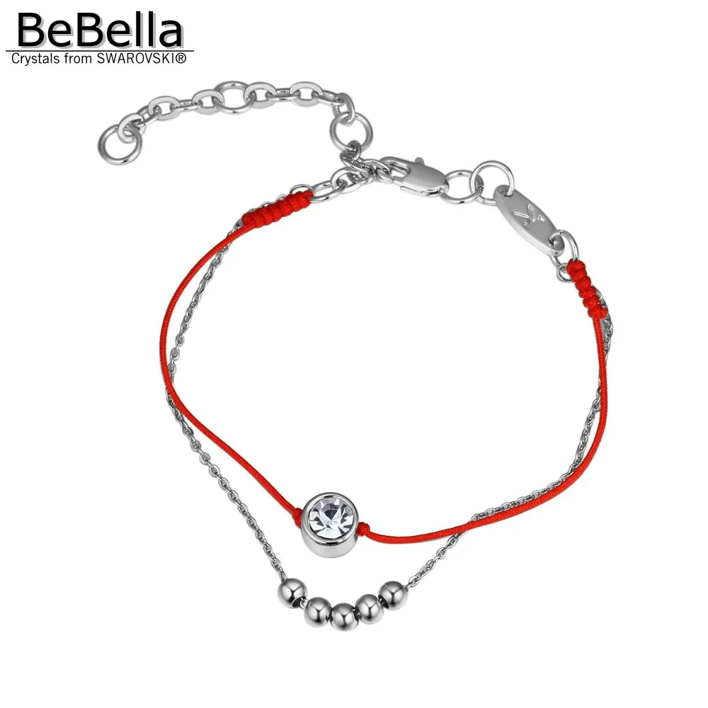 Женский тонкий браслет BeBella двухслойный с красным шнуром и инкрустацией стразами