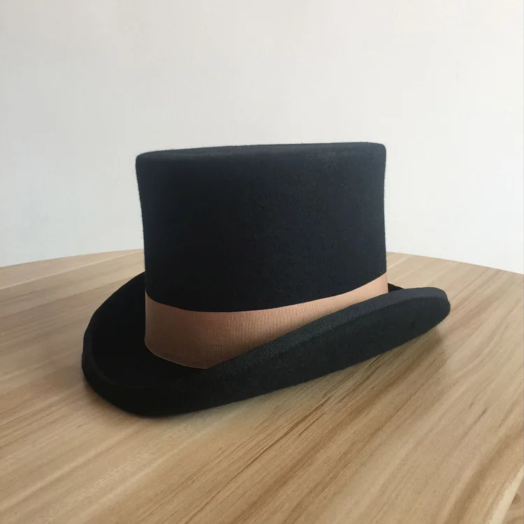 Черная 7 дюймов и 4,5 дюймов верхняя шляпа с коричневой корсажной шерстью Fedoras джентльмен стимпанк Жених Свадебный высокий flet шляпа горшок Топпер