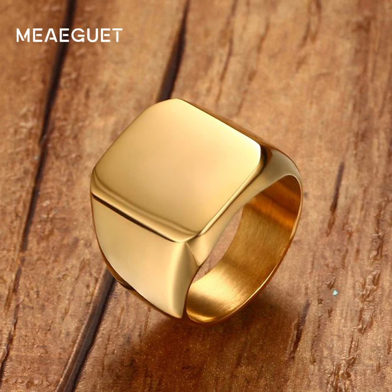 Meaeguet Solid Gold Color Punk Cool Men's Ring High Polished 18MM Wide Unique Stainless Steel Biker Square Party Ring