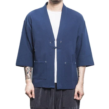 

Men Shirt 2019 Men Cotton Linen Hanfu Men Kimono Open Stitch Shirt Male Three Quarter Navy Shirt Harajuku Mens dropshipping 5XL