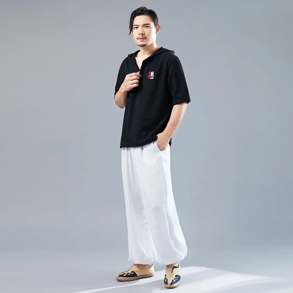 LZJN 2019 Men's Shirt Summer Style Hooded Short Sleeve Blouse Top Men New Casual Embroidery Cotton Linen Shirt Camisas De Hombre (26)