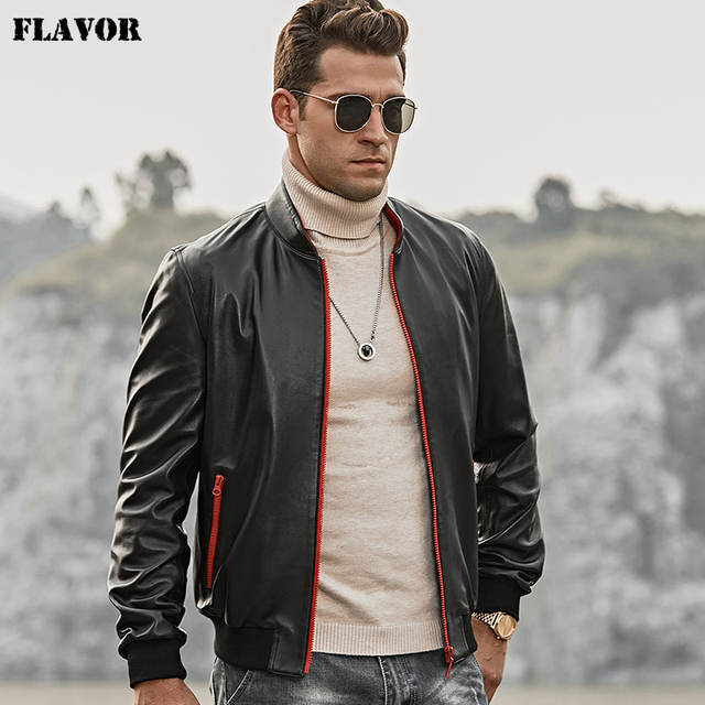 Men Real Leather Jacket Men Motorcycle Lambskin Slim Fit Standing Collar Genuine Leather Coat