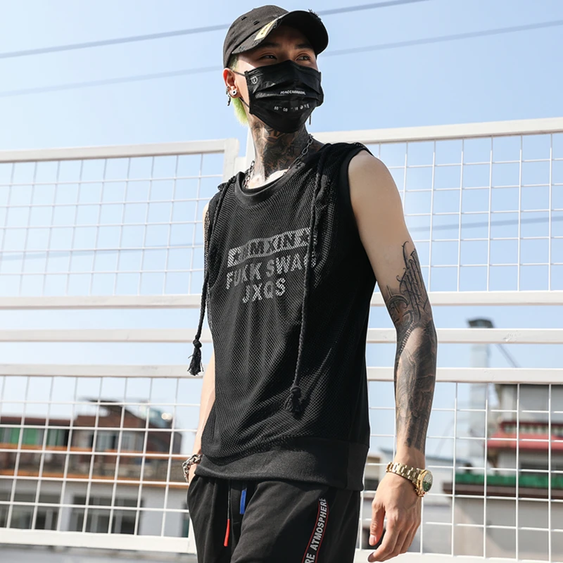 

Men mesh patchwork hip hop hooded tank top nightclub stage costume men fake two piece punk hiphop vest sleeveless shirt