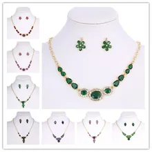 Женский комплект ювелирных изделий из кубического циркония с кристаллами и цветами, золотой кулон в виде капли воды, стразы, ожерелье, серьги-гвоздики, Свадебный комплект ювелирных изделий