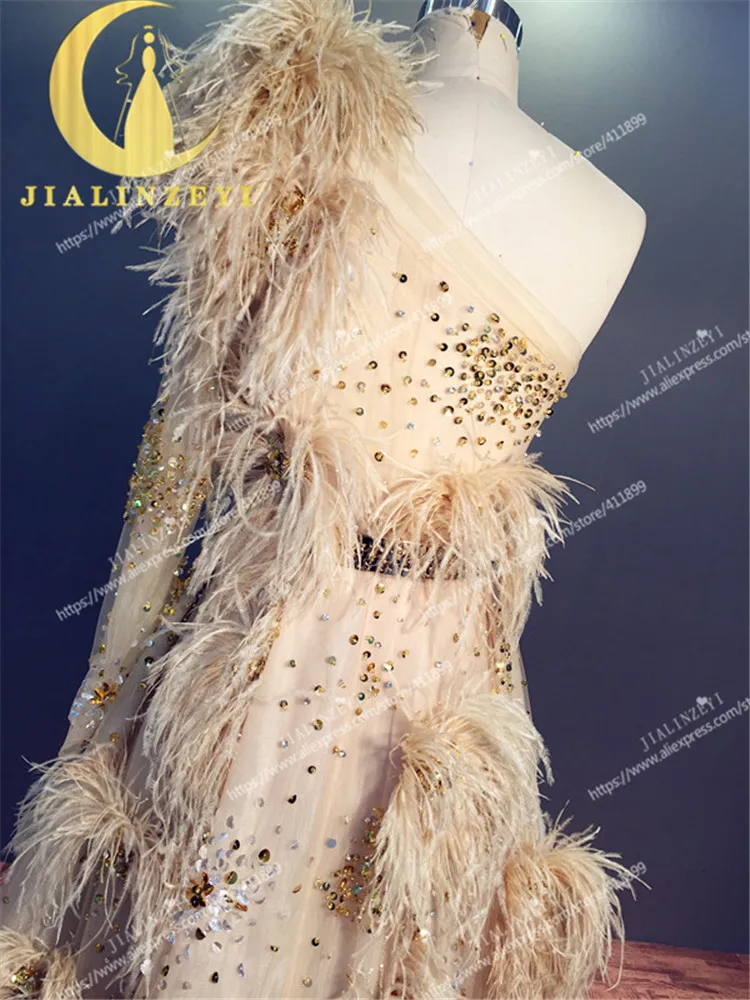 Rine реальное изображение образец одно длинное плечо Zuhair Мурад Золотая Шампань Блестки Перо Роскошная мода формальный вечернее платье