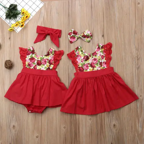 

2018 Pretty Summer Baby Girl Floral Sets Little Big Sister Girl Lace Fly Sleeve Flower Party Dress Romper Headband 2Pcs Set 1-6Y