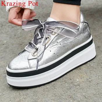 

Newest gorgeous riband thick high bottom platform genuine leather lace up sneakers comfortable breathable Vulcanized shoes L6f6