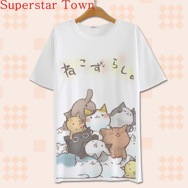 Summer Harajuku Shirt Neko Atsume Anime Cartoon Japanese Kawaii Clothes ...