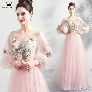 

A-line Long Sleeves Tulle Flowers Sexy Formal Pink Romantic Evening Dresses 2020 New Arrival Evening Gown Robe De Soiree JU19