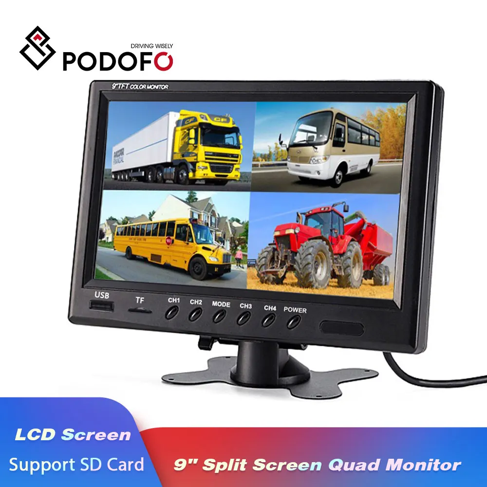 

Podofo 9" TFT LCD Split Screen Quad Car Monitor CCTV Security Surveillance Display With Micro SD Card Recording Parking Monitor