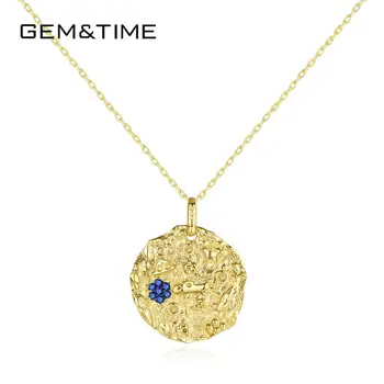 

Gem&Time Genuine 14K Gold Round Pendant Necklaces for Women Gold 585 Fine Jewelry Blue CZ Collares Joyas De Oro Pur Gifts N14138