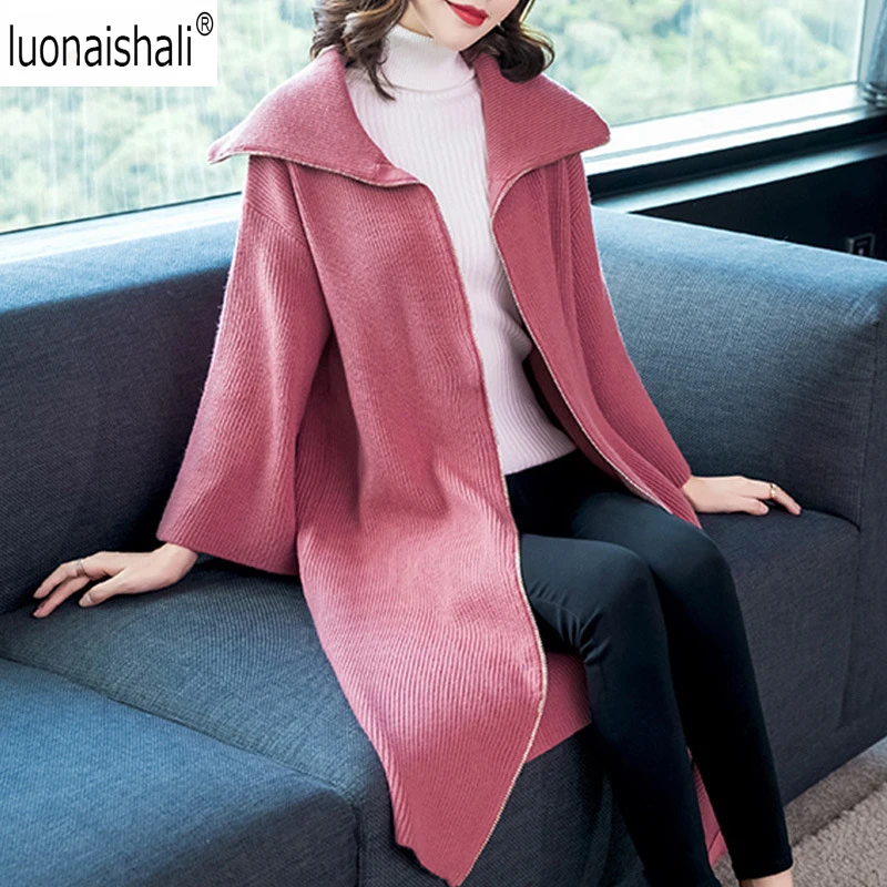 Zipper Taille 2018 purple Élégant Turn Tricoté Down Longues Manteau Automne Manches pink Hiver Col apricot Cardigan Femmes Black Large Pardessus khaki Flare YqIPA