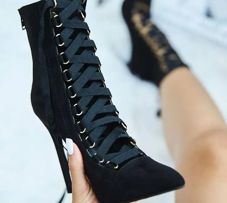 

2017 Spring Fashion Army Green Suede Leather Women Lace Up Ankle Boots Sexy Point Toe Ladies High Heel Boots Ankle Bandage Boots
