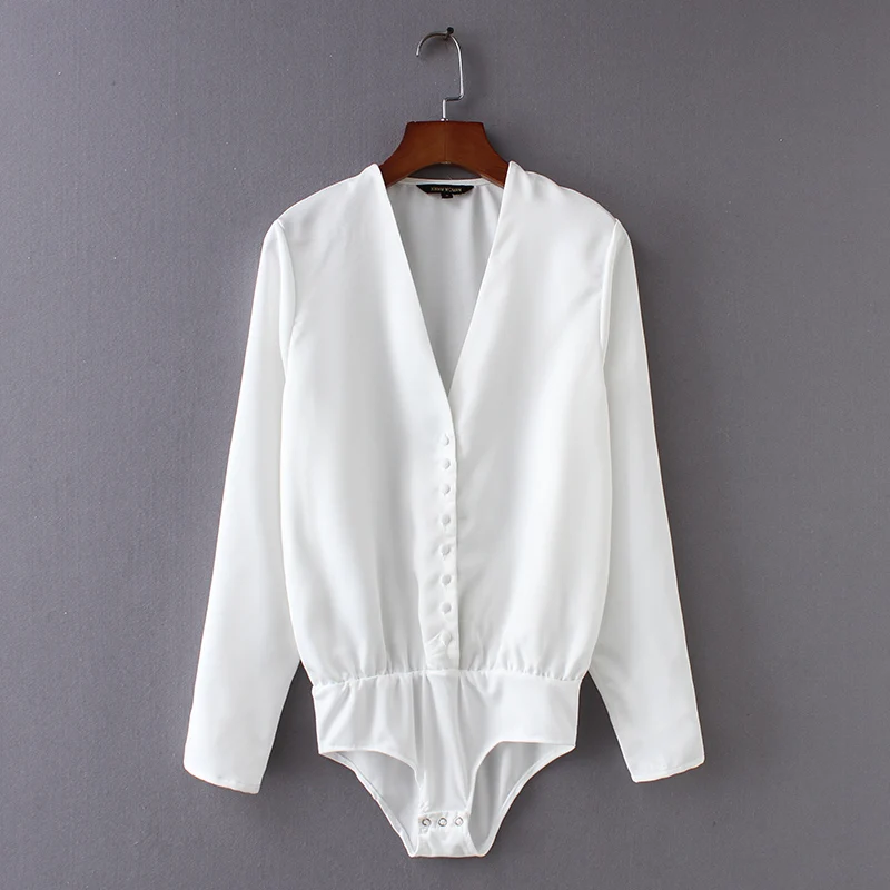 Women elegant v neck single breasted black white color bodysuits shirt casual siamese blouse playsuits feminina blusas LS2708 Women elegant v neck single breasted black white color bodysuits shirt casual siamese blouse playsuits feminina blusas LS2708