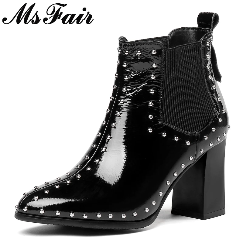 MSFAIR Pointed Toe Square heel Women Boots Fashion Rivet High Heel Ankle Boots Women Shoes Winter Short Plush Boots Shoes Woman цена MSFAIR Pointed Toe Square heel Women Boots Fashion Rivet High Heel Ankle Boots Women Shoes Winter Short Plush Boots Shoes Woman цены онлайн