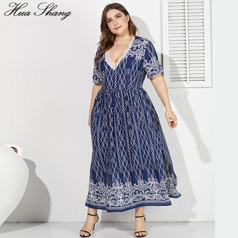 

Retro Printing Vintage Dress Plus Size Women Summer V Neck Short Sleeve Geometric Maxi Long Dress Ladies Tunic Beach Dresses