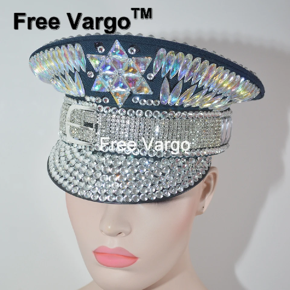 Burning Man Holographic Crystal Headdress Rave Festival Party Headpiece Captain Military Hat Sparkly EDM Stage Dj Dance Costume 
