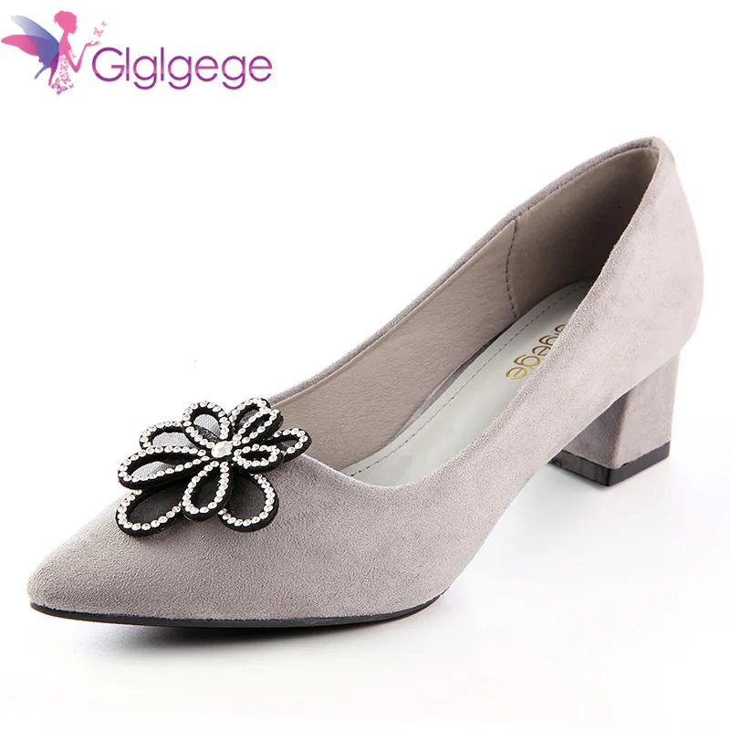 

Glglgege New 2018 Flock Square Thick Heel Wedding Shoes Woman Fashion Elegant Work Shoes Pointed Toe Women Pumps Solid Big Size