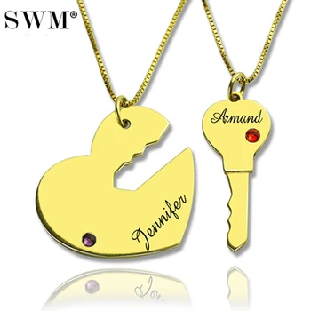 

Paired Pendants Couple Key to And Heart Necklace Custom Name Necklaces Crystal Stone Collares Gold Color Pendant Choker Bijoux