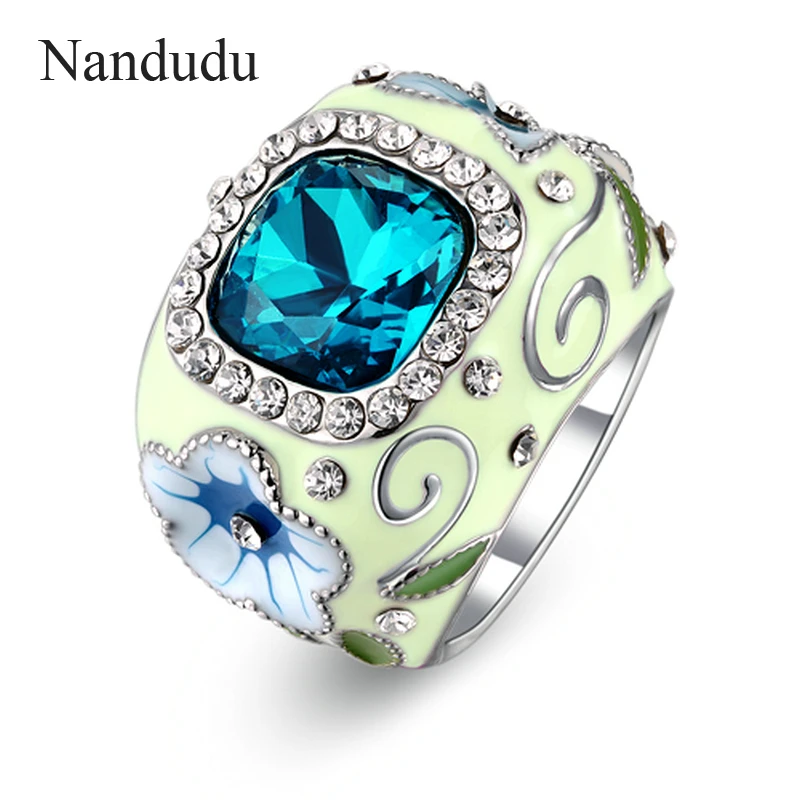 Nandudu Enamel Oil Drop Blue Zircon Rings White Elegant Ring Nice