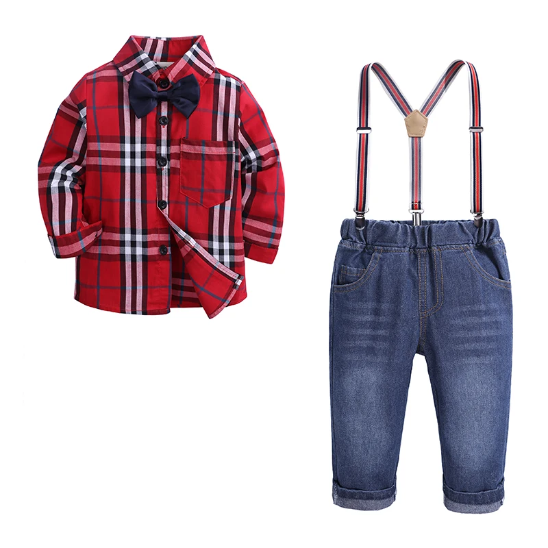 CHILD BOYS CLOTHES SET,3 piece gentleman suit,long sleeve shirt plaid+jeans+tie,2-6 years kid boy autumn outfits red blue