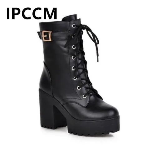 IPCCM Brand 2018 High Heels Boots Platform Sexy Lace-up Square Heel Mid-calf Motorcycle Ankle Size 35-43 | Обувь