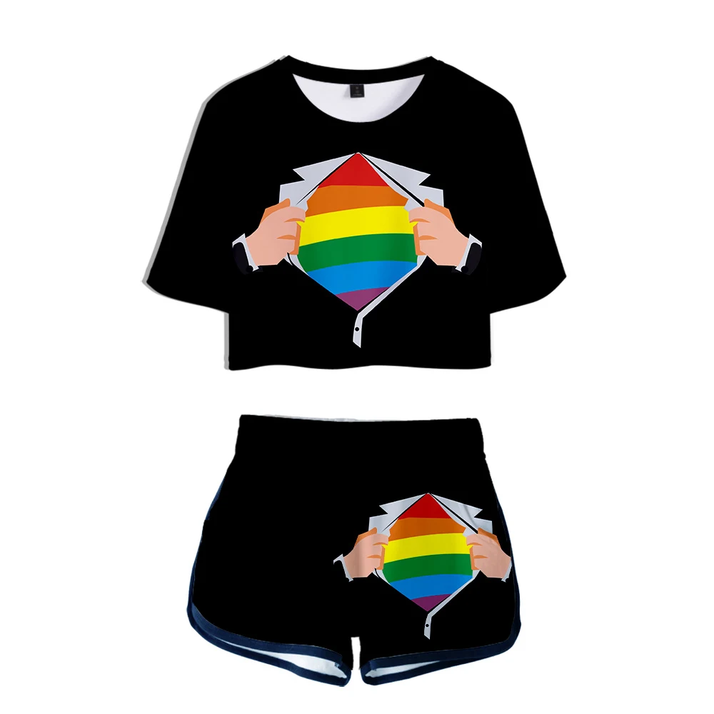 

Fashion summer cool Lgbt 3D popular personality Harajuku tshirt printing charm sexy women's casual 3D T-shirt + shorts two-piece